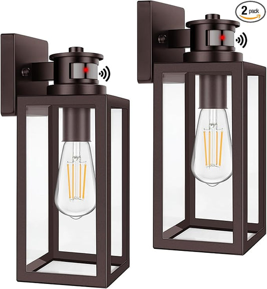 TOBUSA 2-Pack Motion Sensor Outdoor Wall Lights, Waterproof Dusk to Dawn Exterior Wall Light Fixtures, Modern Brown Outside Porch Lights for House Garage, Motion Sensor Wall Lanterns with Clear Glass