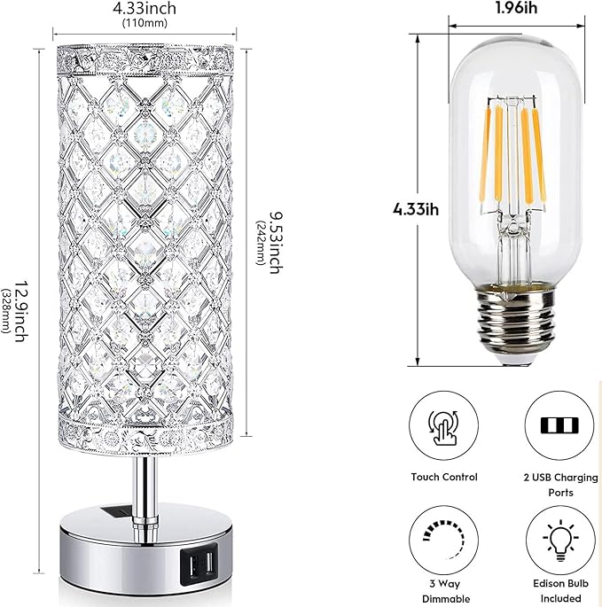 Silver Crystal Table Lamp, Bedside Nightstand Desk Lamp Touch Control Night Light Women Bedroom Decor Bling Lamps with 4 USB Ports & Bulb Included for Home, Office, Living Room