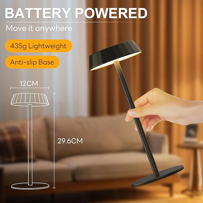 EppieBasic Cordless Table Lamp, Cordless Rechargeable Table Lamp Black 2 Pack Portable & Minimalist Design-Battery Powered, 3 Colors Stepless Dimming Metal Touch Lamps for Living Room, Dining, Desk