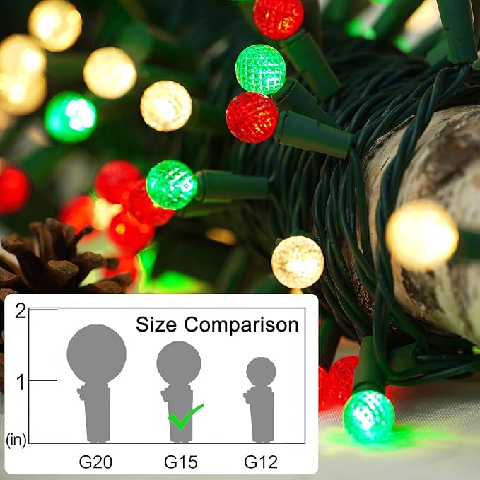 BOHON Red White and Green Christmas Lights Outdoor Faceted G15 50 LED 17ft Plug in Mini Globe String Lights Warm Waterproof Extendable Green Wire for Indoor Patio Xmas Thanksgiving Tree Decoration