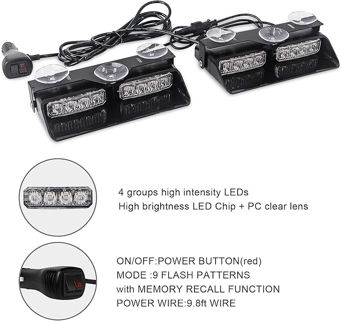 XRIDONSEN 2 in 1 Emergency Dash Strobe Lights Purple White Interior Front/Rear Windshield Lights Hazard Warning Safety Flashing Escort Lights w/Suction Cups for Vehicles Trucks (2×7.16 inch, 16 LED)