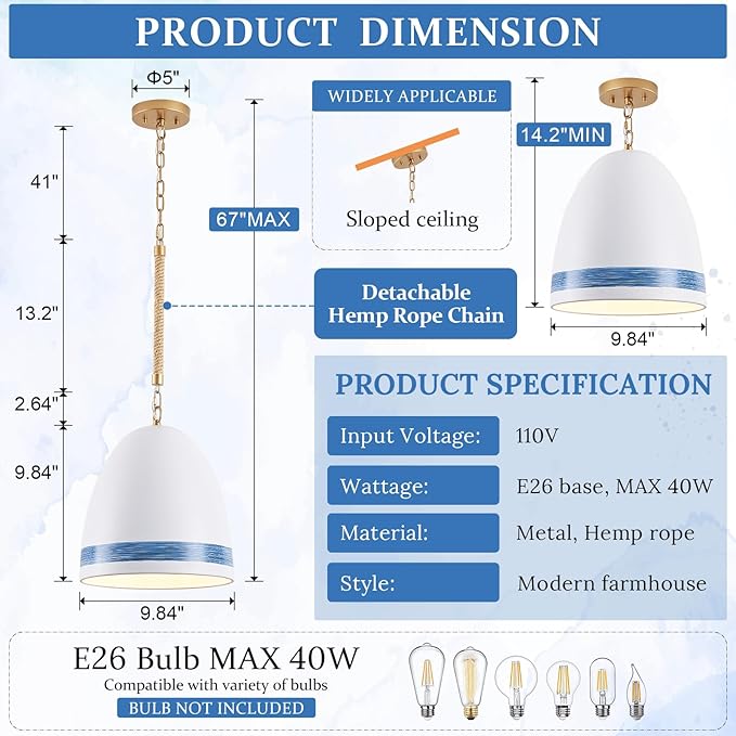 Coastal White Pendant Light Metal Dome Kitchen Island Pendant Lighting with Chain 10in Large Pendant Hanging Light Over Dining Table, Beach Ceiling Pendant Lights for Entryway Hallway