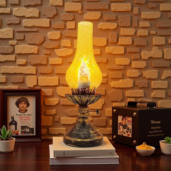Vintage Table Lamp - 3 Modes Dimmable Retro Rustic Desk Lamp with Crackle Glass Shade, Antique Victorian Style, E26 Bulb Included, Ideal for Bedroom, Living Room, Home Decor (Yellow-Gold)