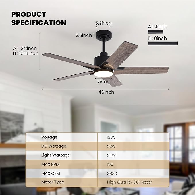 46 Inch Ceiling Fans with Lights and Remote Control for Bedroom, Modern Black Ceiling Fan with Quiet Reversible DC Motor, 3CCT, Dimmable, LED Lighting for Living Room, Patio, Indoor and Outdoor