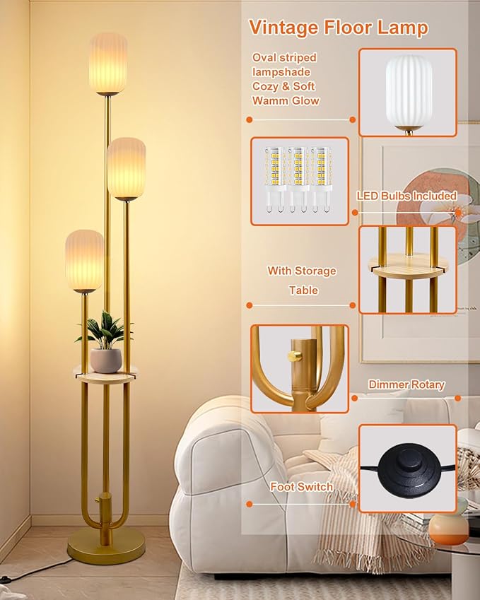 Gold Dimmable Floor Lamp with Table, Modern Floor Lamps with Oval Striped Lampshade 3000K Soft Warm White 3-Lights Candle Holder Style Tall Lamp for Living Room/Bedroom
