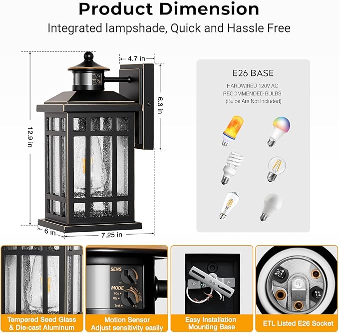 Distance-Adjustable Outdoor Lights for House, Modern Black Motion Sensor Outdoor Light with Gold Trim, Waterproof Dusk to Dawn Exterior Lighting Fixtures, Anti-Rust Outdoor Lanterns for Porch, Garage