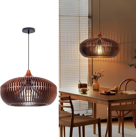 Wooden Pendant Lights, 16.89" 1-Light Wood Chandelier Coffee Lampshade Ceiling Fixture with Lamp Shade, Coastal Hanging Lighting for Dining Room Kitchen Island