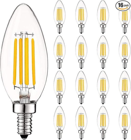 LUXRITE Vintage Candelabra LED Bulb 60W Equivalent, 550 Lumens, 4000K Cool White, Chandelier Light Bulbs 5W, Dimmable, Clear Glass, Filament Candle Bulbs, UL Listed, E12 Base (16 Pack)