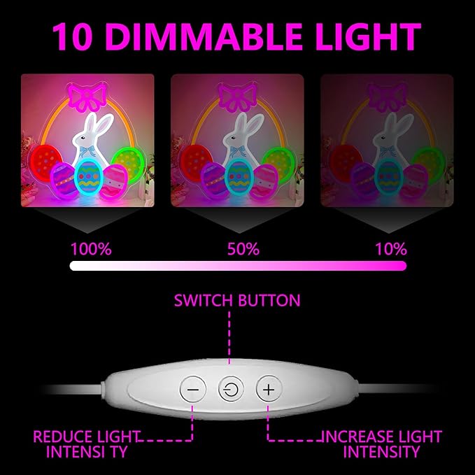 Easter Bunny Neon Sign Dimmable Happy Easter Neon Sign for Wall Decor Led Egg Basket Light Up Sign Bunny Hanging Decoration for Window