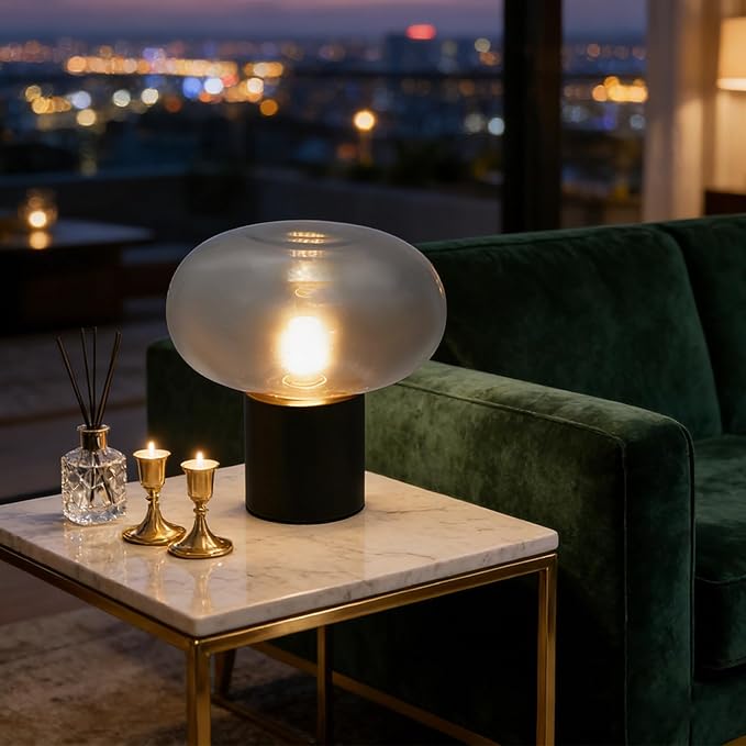 Mushroom Table Lamp Marble Base Glass Shade, Art Deco Bedside Nightstand Lamp for Living Room Bedroom Office, 12W E27 LED Bulb Included - 9''Lx 9.84''H,Illumination Area: 3-5㎡/32-54ft² (Smoky Gray)