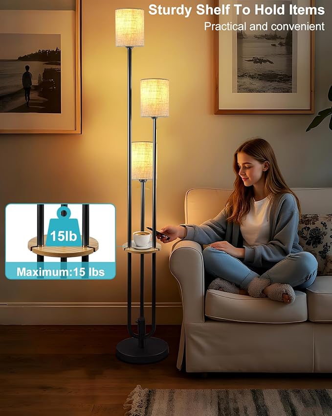63IN Dimmable Floor Lamp with Shelf, Unique Black Tall Standing Lamps with Table, 3000K Warmwhite Mid Century Modern Floor Lamp for Living Room/Bedroom (Bulbs Included)