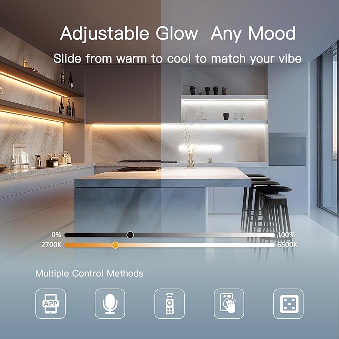 Plug in Under Cabinet Lighting, 6 Pack 12 Inch Ultra-Slim LED Light Bars, Smart App/Voice/Remote Control, Works with Alexa, Dimmable & CCT Adjustable, 5W/Bar, for Kitchen, Closet, Counter