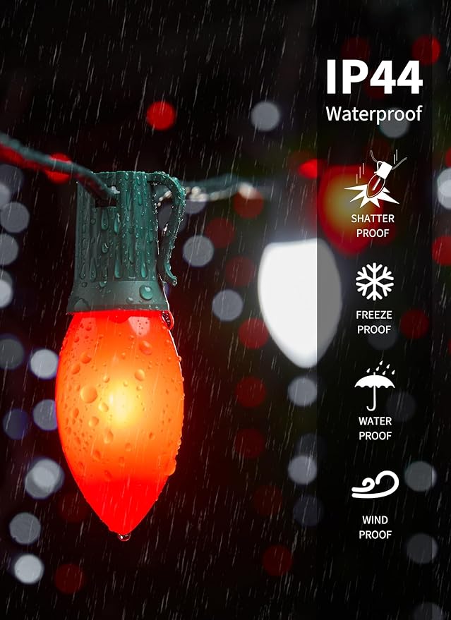 Vintage C9 LED Christmas Lights Outdoor, 100 Feet C9 String Light with 50 Shatterproof C9 Bulbs, Waterproof Connectable Christmas Tree Lights for Outside Roofline Patio Xmas Decor, Red & Pure White