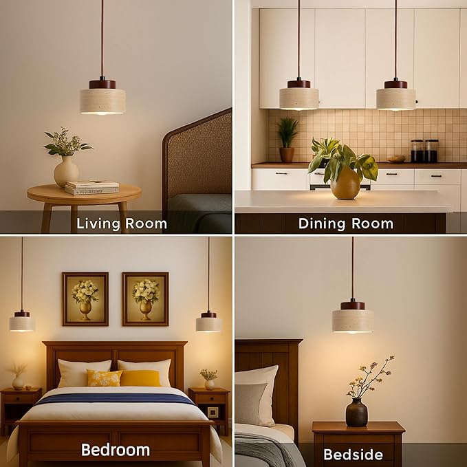 Wabi Sabi Natural Stone and Wood Pendant Light,4.7Inch Small Hanging Pendant Lamp,Modern Vintage Rustic Minimalist Fixture for Bedroom, Dining Room, Kitchen Island, Cafe, Hallway (Solid Wood, PCS, 1)