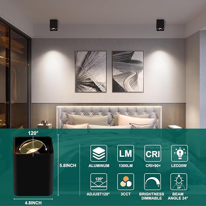 OKELI Black Modern LED Dimmable Ceiling Light Fixtures for Hallway Kitchen Entryway, 20W 1300LM 2700K-6000K Flush Mount Close to Ceiling Lighting, Cuboidal Ceiling Lamps for Living Room 3pack