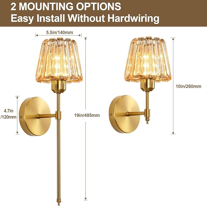 Battery Operated Crystal Wall Sconce Set of 2, Amber Rechargeable Wireless Wall Sconces with Remote Dimmable 12 Colors Modes Led Wall Lights for Bedroom Living Room Hallway, 2 Bulbs Included