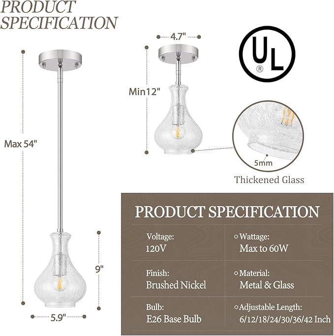 Brushed Nickel Pendant Lights Kitchen Island, 5.9" Modern Crackle Glass Pendant Light Fixtures Single Hanging Lighting with Adjustable Rods for Kitchen Island, Sink, Bathroom, E26 Base