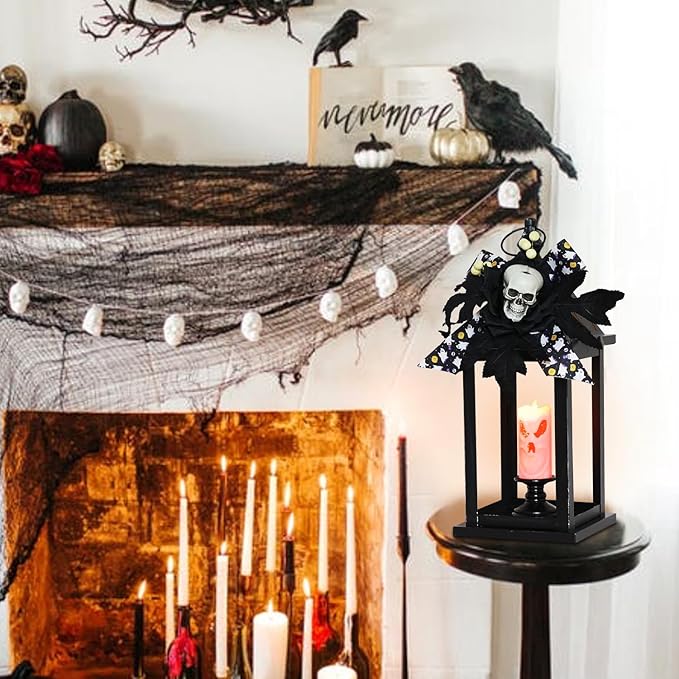 DECORKEY Halloween Decorations Indoor, 14.7" Decorative Candle Lantern with Skull Ornaments & LED Candle, Metal Hanging Spooky Halloween Lanterns for Outdoor Home Room Door Table Porch Party Decor