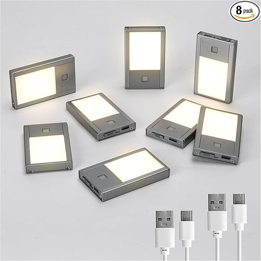 V4light Rechargeable Motion Sensor Night Lights, 8-Pack - Painted Grey Aluminum Alloy, Ultra-Compact Magnetic Mount, 3000K Warm White Glow, Ideal for Hallways, Bedrooms, Stairs & Nightly Use
