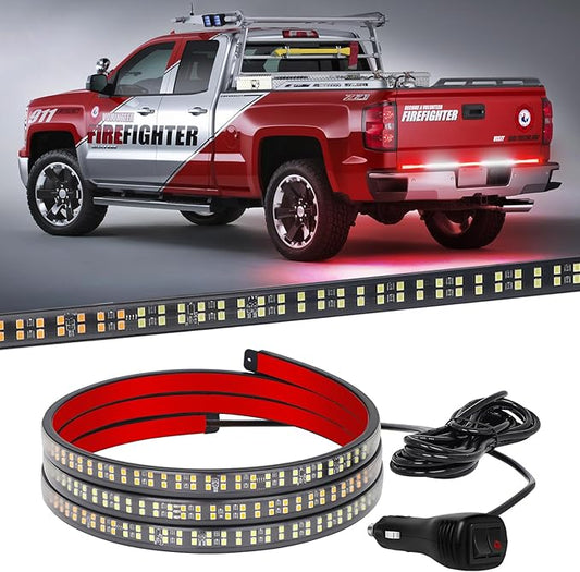 XRIDONSEN 60 inch Truck Tailgate Emergency Lights Strip 360 LED Rear Window Red White Strobe Firefighter Lights Warning Hazard Safety First Responder for Vehicles Trucks Pickup POV