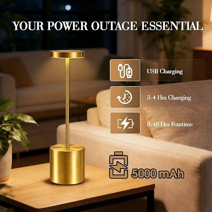 Cordless Table Lamp – 2 Pack Rechargeable Table Lamps, 5000mAh Battery Operated Lamp with 3-Color Dimmable Light, Outdoor Table Lamp for Bedroom, Restaurant, Patio, Home Décor (Gold)