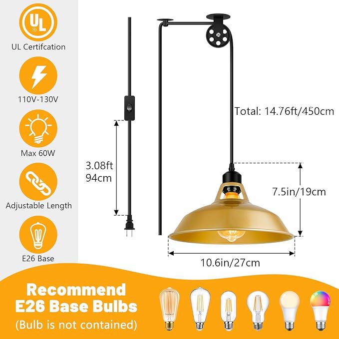 Plug in Pendant Light, Vintage Hanging Lamps with Gold Barn Shade Pendant Lighting with 14.76ft Cord On/Off Switch, Adjustable Pulley Hanging Lights for Kitchen, Bedroom, Living Room (1 Pack)