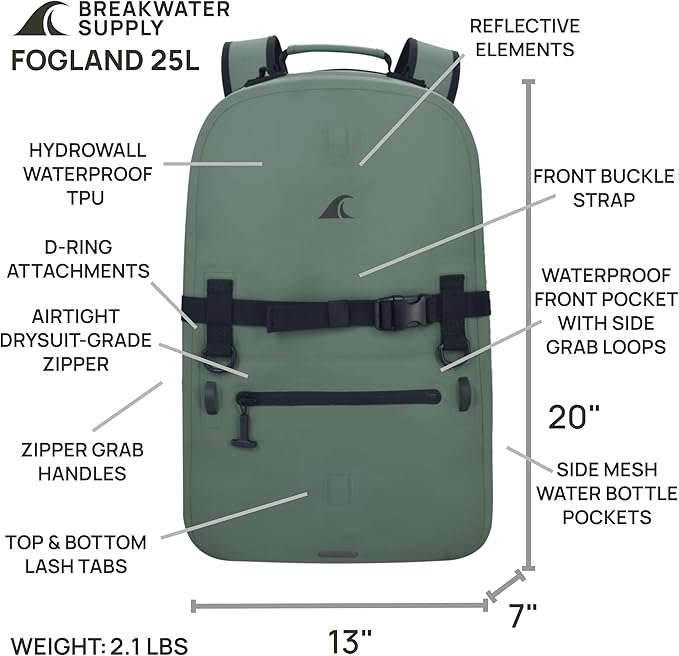 Breakwater Supply™ Waterproof IP68 Submersible Backpack with Airtight Zippers | Laptop Travel Outdoors | Fogland 25L 20L 15L | 100% Waterproof, Submersible, Airtight Zippers, Travel Outdoors