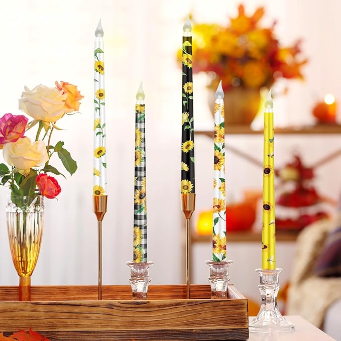 5 Pcs Sunflower Flameless Taper Candle Set Sunflower Gift for Women Floral LED Flameless Candles with Battery Operated Remote Seasonal Celebration Candles for Home Decor Holiday Spring Summer