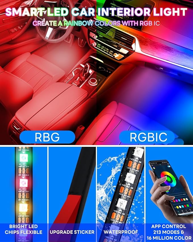 RGB Dream Color Interior Car Strip Lights with Smart APP Remote Control, DIY Mode and Music Mode, Multicolor Footwell Under Dash Chasing Inside Light Kits for Cars Truck ATV UTV with Car Charger