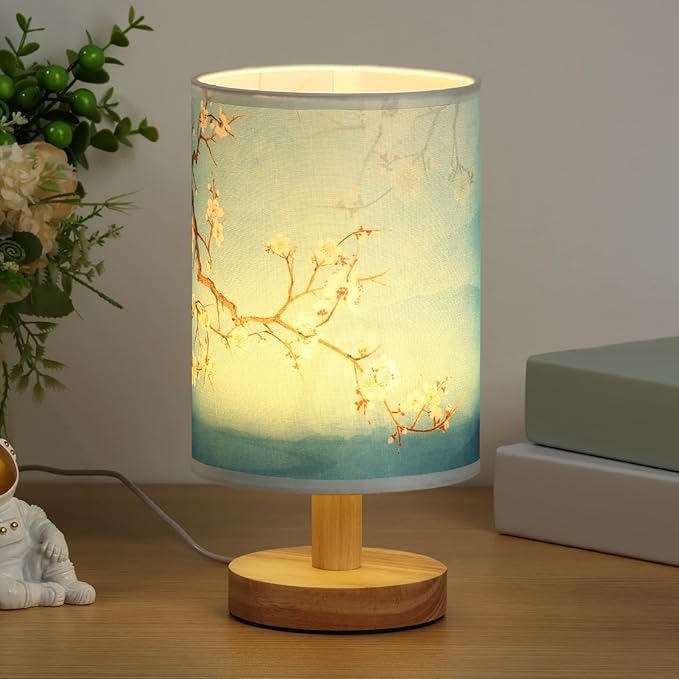 Fabric Wood Table Lamp for Bedroom, USB LED Bedside Night Lamp with Linen Fabric Lampshade, Decorative Bedroom Nightstand Light, Vintage Small Nightlight for Home Office Hotel Present(Style 2)