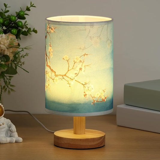 Fabric Wood Table Lamp for Bedroom, USB LED Bedside Night Lamp with Linen Fabric Lampshade, Decorative Bedroom Nightstand Light, Vintage Small Nightlight for Home Office Hotel Present(Style 2)