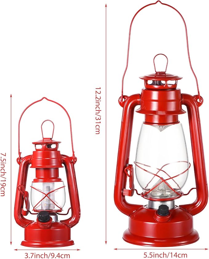 Hortsun 2 Pcs 12 Inch Vintage LED Hurricane Lantern Metal Red Outdoor Battery Operated Hanging Lantern with Warm LEDs and Dimmer Switch for Halloween Christmas Indoor Rustic Farmhouse Camping Decor