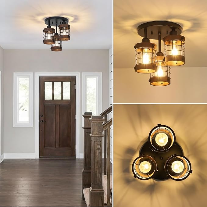 Semi Flush Mount Ceiling Light,3-Light Farmhouse Chandelier Light Fixtures Ceiling Mount, Black Hallway Light Fixtures with Wooden Cage Shade,Rustic Kitchen Light Fixture for Entryway Bedroom