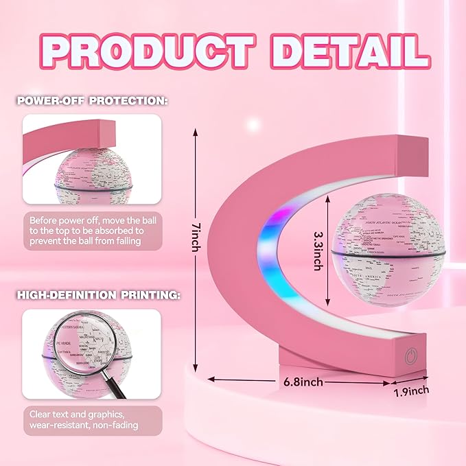 Flagest Magnetic Levitation Floating Globes with LED Lights, C Frame Floating Globe Lamp, Cool tech Gadgets for Home Office Desk Accessories, Gifts for Women, Ladies, Girls, Teachers, Colleagues(Pink)