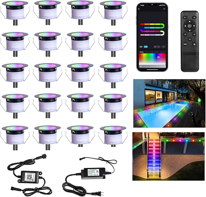 LED Deck Lights Kit, 20 Pack 1.77" RGBW+IC Multicolor Dynamic Low Voltage Recessed Landscape Lights, IP67 Waterproof 12V Step Light Outdoor for Garden Yard Path Ground Stairs, Work with Alexa/Google