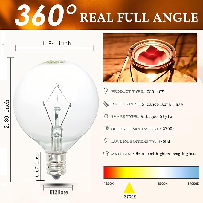 40W Light Bulbs,Wax Warmer Bulbs,E12 Candelabra Base 120 Volt Round Light Bulbs for Full Size Scentsy Warmer,Wax Melt Warmer,Chandelier Table Lamp Wall Sconces,Soft Warm White,G50/120V,6 Packs