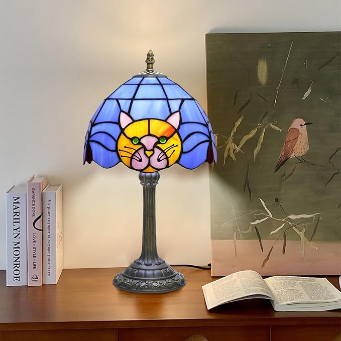 Stained Glass Table Lamp 8 Inch Orange Warm Ambient Lighting Bedroom Small Nightstand Dorm Cafe Office Corner Vintage Home Decoration Table Lamp Blue Cute Cat Lamp