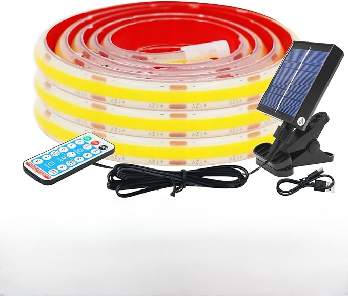 KISUFU 12V COB LED Strip Light with Solar Panel, 320LEDs/m IP68 Waterproof Flexible Dimmable Led Lights with Solar USB Controller Clips for Outdoor Garden, Garage, Eaves, Decoration.