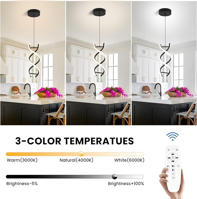 CANEOE Spiral Led Pendant Light Fixture,15W Dimmable Modern Integrated LED Pendant Lamp, Adjustable Height Kitchen Island Hanging Light Fixture for Living Room Bedroom Kitchen Sink, 1 Pack (Black)
