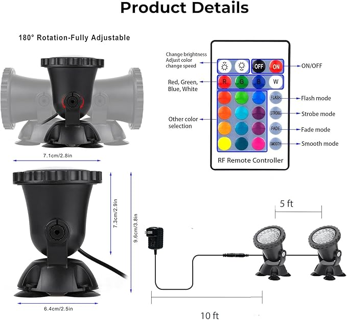 Pond Lights, Underwater Fountain Lights Color Changing Spotlight RGB Dimmable IP68 Waterproof Submersible Landscape Spot Lights for Outdoor Lawn Fountain Yard, 2 in Set