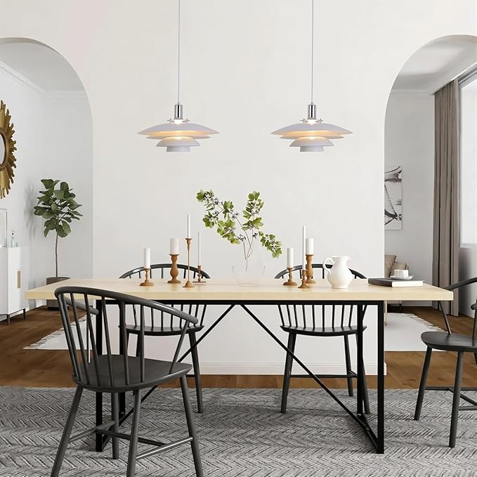 Mid Century Modern Pendant Light, 15" Nordic Hanging Ceiling Light Fixture with 4-Tier Metal Shade, E26 Base, Vintage Pendant Lamp for Kitchen Island, Dining Room White