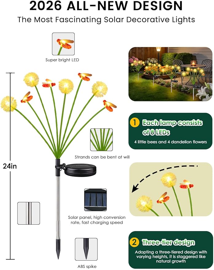 Solar Garden Lights Outdoor (10 Pack 80 LED), Solar Swaying Dandelion Bee Lights Waterproof, Cute Flower Pathway Lights for Yard Lawn Patio Decorations, 2 modes (Steady on, Slow Twinkle), Warm White