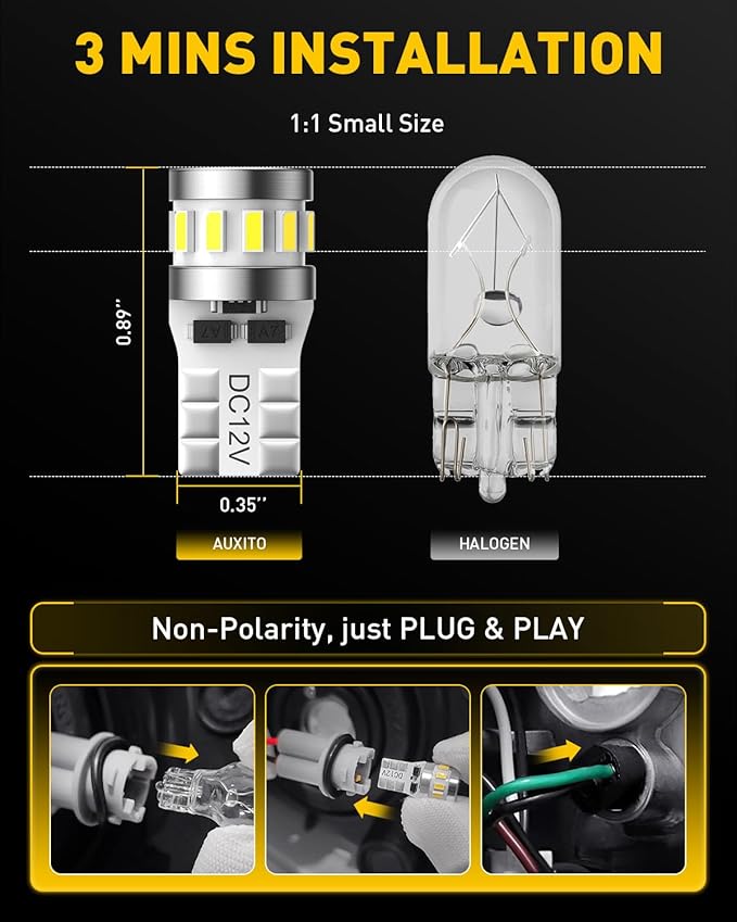 AUXITO Latest 194 LED Bulb 6500K White Super Bright 168 2825 T10 W5W LED Bulb for Car Dome Door Map Courtesy Trunk Cargo License Plate Tail Lights, Pack of 10