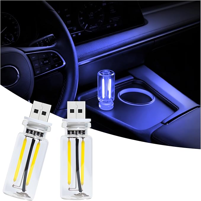 Car USB Night Light Touch Dimmable - 2-Pack Retro LED Filament Lamp for Truck Interior, Bedroom & Camping | Glass Bottle Ambiance Lighting (Blue)