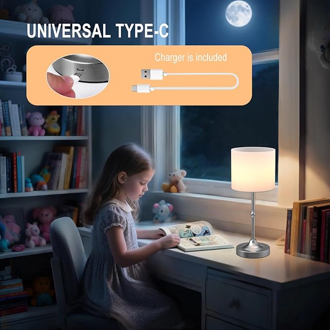 Cordless LED Table Lamp,Portables Fabric Shade Desk Lamps, Rechargeable Battery Powered Lighting, Dimmable Light for Dining Room, Bedroom, Bedside, Night Light, Balcony (Silver)