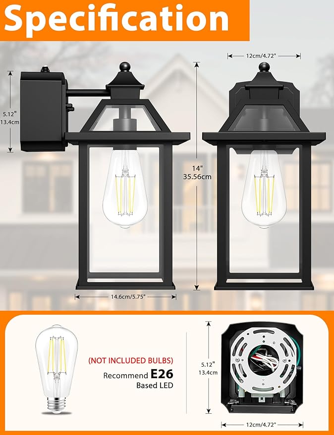 Porch Light with GFCI Outlet, 14'' Large Dusk to Dawn Outdoor Lights for House, Waterproof Exterior Lighting Fixtures, Black Anti-Rust Outside Wall Mount Sconce for Patio Front Door Entryway, E26