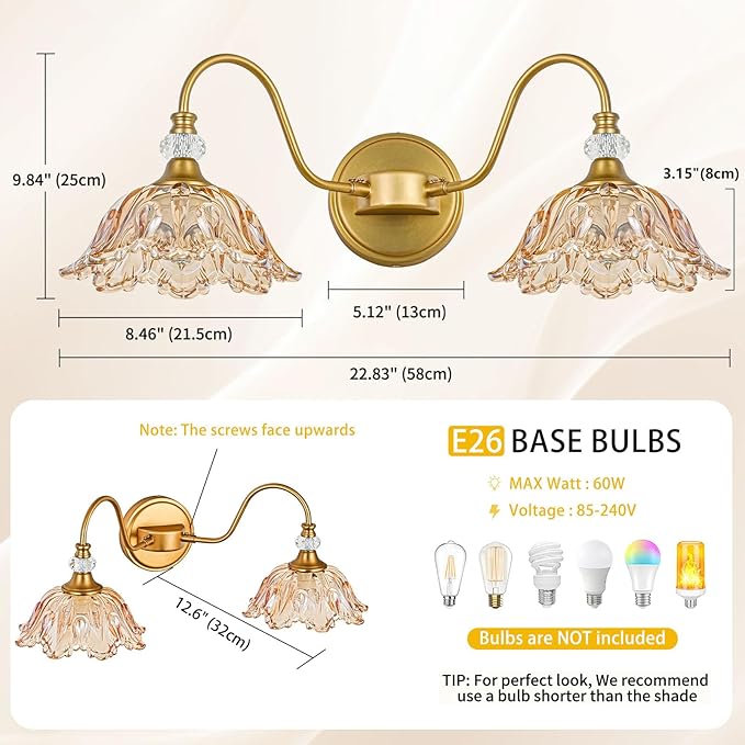 Vintage Bathroom Vanity Light, 2-Light Matte Brass Finish Vanity Light with Floral Amber Glass Shades, Retro Wall Sconce for Bathroom, Dressing Table