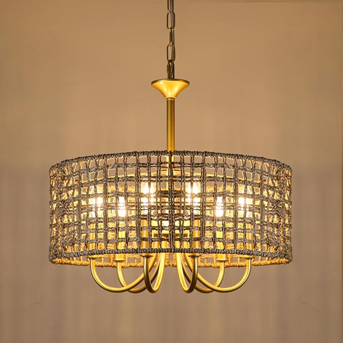 6-Light Large Woven Rattan Chandelier, 17.7'' Boho Pendant Light Gold Drum Hanging Light Fixture, Coastal Handwoven Wicker Chandeliers for Dining Room Living Room Kitchen Hallway