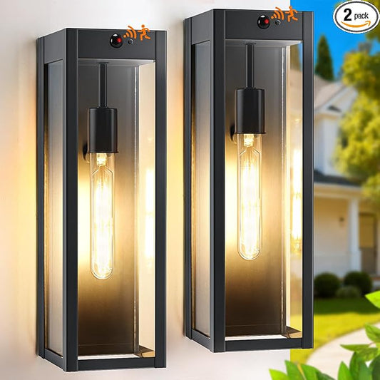 Motion Sensor Large Outdoor Wall Light Fixtures 2-Pack, Anti-Rust Front Porch Lights Wall Mount, 16'' Dusk to Dawn Outside Sconce Lights for House, Waterproof Black Exterior Coach Lights for Garage