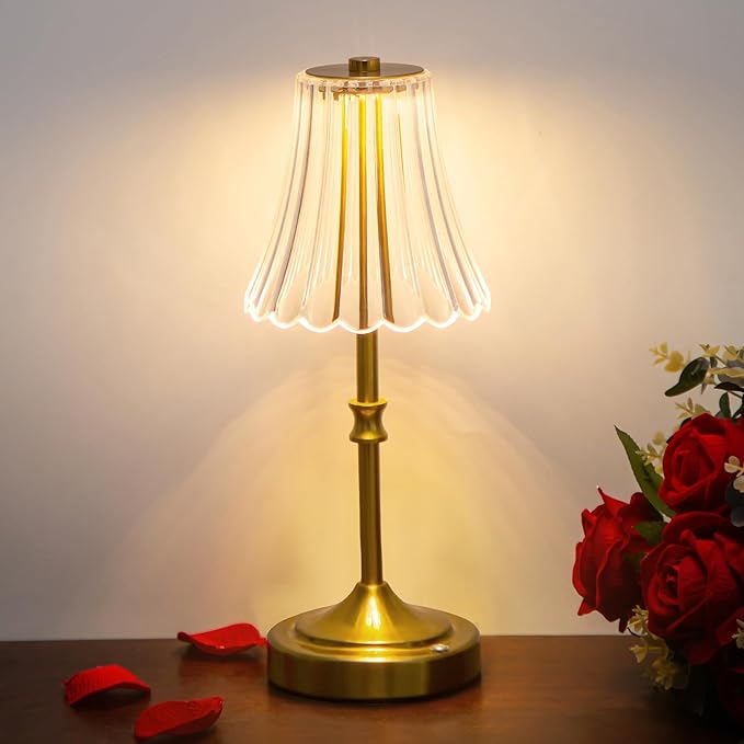 JACKYLED Vintage Cordless Table Lamp, Acrylic Crystal Flower Lamp Shade, 3 Colors Dimmable LED Golden Lamp, 5400mAh Battery Operated Rechargeable Lamp for Kitchen Counter Home Decor